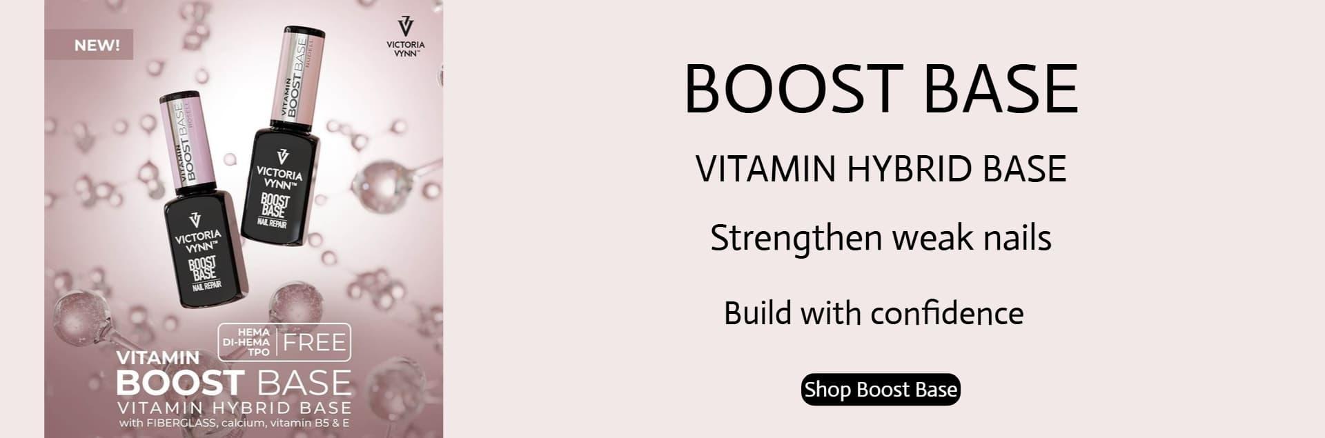 Strengthen weak nails and extend manicure durability with Victoria Vynn Vitamin BOOST Base. HEMA free formula. Available in 8ml & 15ml.